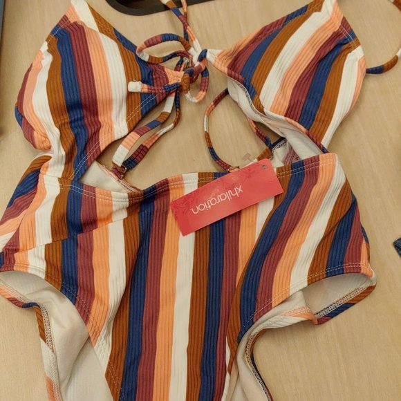 Xhilaration Multi Stripe Medium Juniors' Ribbed Tie-Front One Piece Swimsuit - Picture 5 of 8